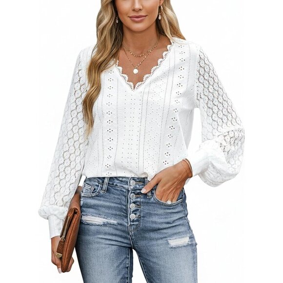 Tops - Long Sleeve Lace Top Women V-Neck Eyelet Scalloped Casual Blouse Small
